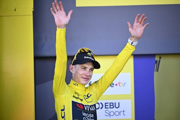 Danish Jonas Vingegaard of Team Visma-Lease a Bike pictured on the podium after the second stage of the 2026 Tour de France cycling race, a stage of 182km from Tarragona to Barcelona, Sunday 05 July 2026. The 113th edition of the Tour de France starts on Saturday 4 July in Barcelona, Spain, and will finish in Paris, France on the 26th of July. JASPERxJACOBS  x180439553x