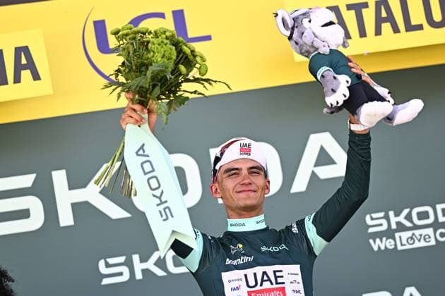 Mexican Isaac Del Toro of UAE Team Emirates-XRG and pictured on the podium after winning the second stage of the 2026 Tour de France cycling race, a stage of 182km from Tarragona to Barcelona, Sunday 05 July 2026. The 113th edition of the Tour de France starts on Saturday 4 July in Barcelona, Spain, and will finish in Paris, France on the 26th of July. JASPERxJACOBS  x180439571x