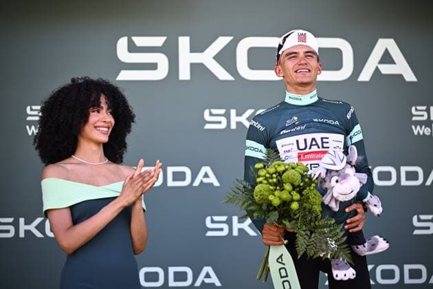 Mexican Isaac Del Toro of UAE Team Emirates-XRG and pictured on the podium after winning the second stage of the 2026 Tour de France cycling race, a stage of 182km from Tarragona to Barcelona, Sunday 05 July 2026. The 113th edition of the Tour de France starts on Saturday 4 July in Barcelona, Spain, and will finish in Paris, France on the 26th of July. JASPERxJACOBS  x180439573x