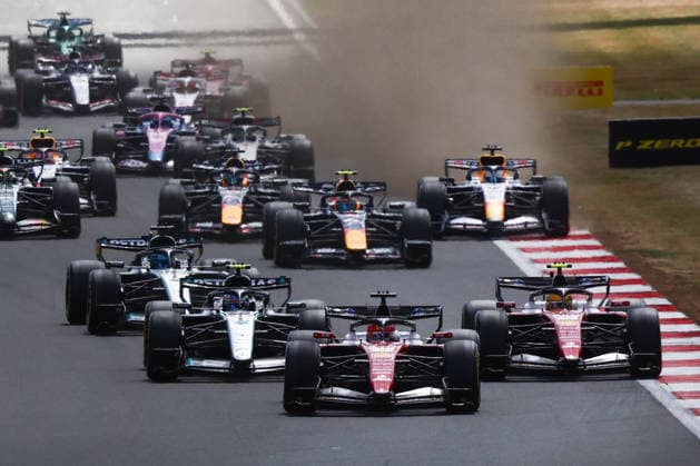 F1 British Grand Prix 2026 Charles Leclerc of Ferrari, Andrea Kimi Antonelli of Mercedes, Lewis Hamilton of Ferrari and George Russell of Mercedes at start of the Formula 1 British Grand Prix at Silverstone Circuit in Northampton, Great Britain on July 5, 2026. Northampton United Kingdom  Copyright: xJakubxPorzyckix originalFilename:porzycki-f1britis260705_npjfR.jpg
