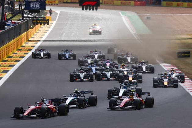 F1 British Grand Prix 2026 Charles Leclerc of Ferrari, Andrea Kimi Antonelli of Mercedes, Lewis Hamilton of Ferrari and George Russell of Mercedes at start of the Formula 1 British Grand Prix at Silverstone Circuit in Northampton, Great Britain on July 5, 2026. Northampton United Kingdom  Copyright: xJakubxPorzyckix originalFilename:porzycki-f1britis260705_npPAd.jpg