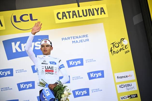 Mexican Isaac Del Toro of UAE Team Emirates-XRG and pictured on the podium after winning the second stage of the 2026 Tour de France cycling race, a stage of 182km from Tarragona to Barcelona, Sunday 05 July 2026. The 113th edition of the Tour de France starts on Saturday 4 July in Barcelona, Spain, and will finish in Paris, France on the 26th of July. JASPERxJACOBS  x180440057x