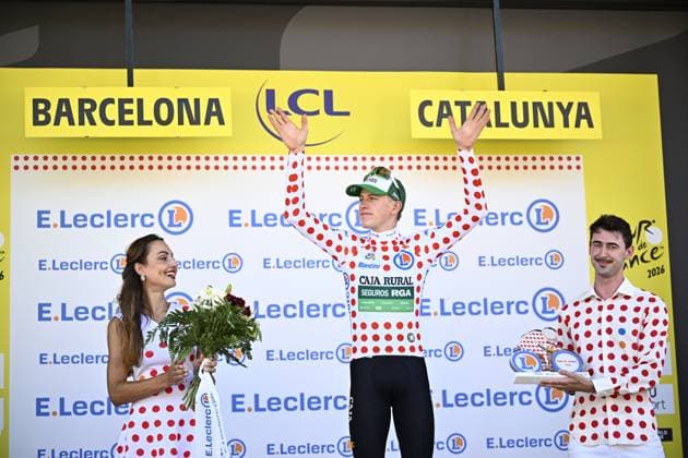 Slovenian Tadej Pogacar of UAE Team Emirates XRG pictured on the podium after the second stage of the 2026 Tour de France cycling race, a stage of 182km from Tarragona to Barcelona, Sunday 05 July 2026. The 113th edition of the Tour de France starts on Saturday 4 July in Barcelona, Spain, and will finish in Paris, France on the 26th of July. JASPERxJACOBS  x180440120x