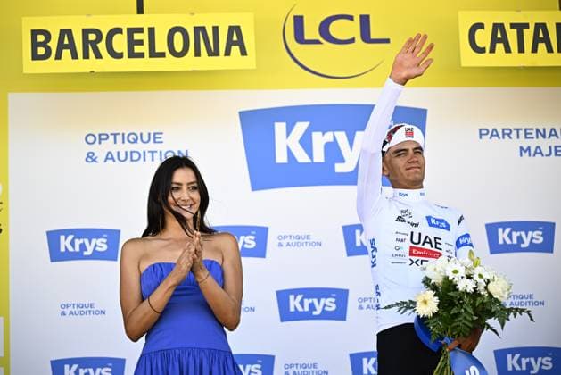 Mexican Isaac Del Toro of UAE Team Emirates-XRG and pictured on the podium after winning the second stage of the 2026 Tour de France cycling race, a stage of 182km from Tarragona to Barcelona, Sunday 05 July 2026. The 113th edition of the Tour de France starts on Saturday 4 July in Barcelona, Spain, and will finish in Paris, France on the 26th of July.  x180440153x