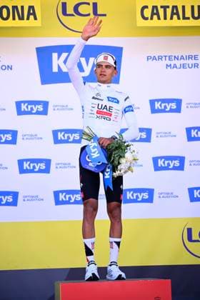 Tour de France 2026 Stage 2 BARCELONA, SPAIN - JULY 05 : Del Toro Isaac (MEX) of UAE Team Emirates XRG on the podium wearing the white jersey during stage 2 of the 113rd edition of Tour de France an UCI World Tour 2.UWT cycling road race stage for Men Elite of 182 km with start in Tarragona and finish in Barcelona on July 5, 2026 in Barcelona, Spain, 05 07 2026 Barcelona Spain  Copyright: xTomasxSiskx