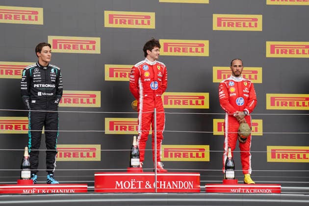 FORMULA ONE BRITISH GRAND PRIX 2026 Charles Leclerc 16 (MON) Ferrari, George Russell 63 (GBR) Mercedes and Lewis Hamilton 44 (GBR) Ferrari celebrate on the podium during the Formula 1 Pirelli British Grand Prix 2026, 9th round of the 2026 Formula 1 World Championship, WM, Weltmeisterschaft from 3rd - 5th July, 2026 at the Silverstone Circuit, Silverstone, England. Credit: Robbie Hoad Every Second Media Editorial use only. All images are copyright Every Second Media Limited. No images may be reproduced without prior permission. Copyright: xIMAGO EveryxSecondxMediax ESM-2060-0774 RobbiexHoadx xEveryxSecondxMediax