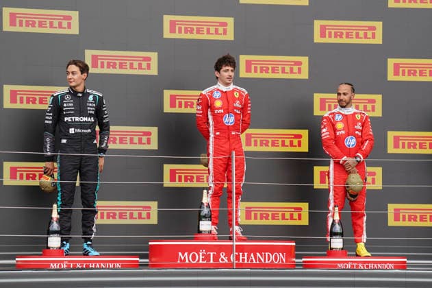 FORMULA ONE BRITISH GRAND PRIX 2026 Charles Leclerc 16 (MON) Ferrari, George Russell 63 (GBR) Mercedes and Lewis Hamilton 44 (GBR) Ferrari celebrate on the podium during the Formula 1 Pirelli British Grand Prix 2026, 9th round of the 2026 Formula 1 World Championship, WM, Weltmeisterschaft from 3rd - 5th July, 2026 at the Silverstone Circuit, Silverstone, England. Credit: Robbie Hoad Every Second Media Editorial use only. All images are copyright Every Second Media Limited. No images may be reproduced without prior permission. Copyright: xIMAGO EveryxSecondxMediax ESM-2060-0776 RobbiexHoadx xEveryxSecondxMediax
