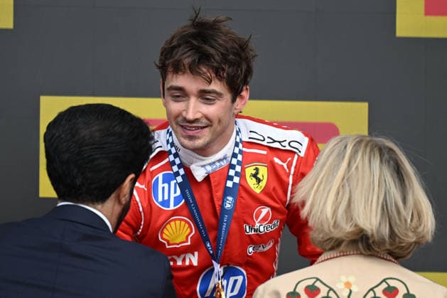 RECORD DATE NOT STATED 5th July 2026; Silverstone Circuit, Northamptonshire, England; FIA Formula 1 2026 British F1 Grand Prix; Race Day; Charles Leclerc of Ferrari receives the winners trophy and medal SimonxWest