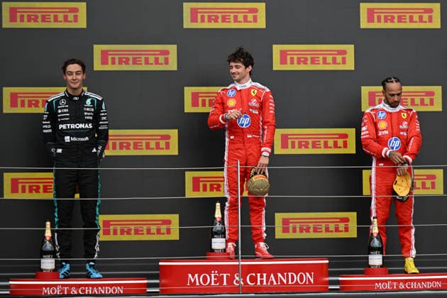 RECORD DATE NOT STATED 5th July 2026; Silverstone Circuit, Northamptonshire, England; FIA Formula 1 2026 British F1 Grand Prix; Race Day; the podium with Charles Leclerc of Ferrari, George Russell of Mercedes and Lewis Hamilton of Ferrari SimonxWest