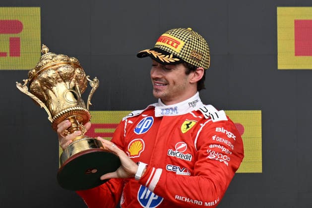 RECORD DATE NOT STATED 5th July 2026; Silverstone Circuit, Northamptonshire, England; FIA Formula 1 2026 British F1 Grand Prix; Race Day; Charles Leclerc of Ferrari with the The Royal Automobile Club Trophy SimonxWest
