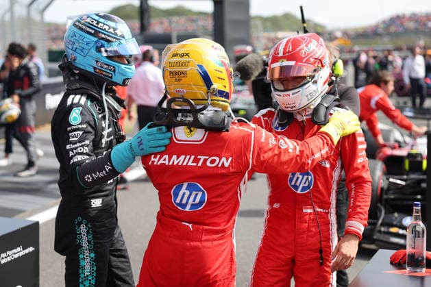 F1 British Grand Prix 2026 George Russell of Mercedes, Lewis Hamilton and Charles Leclerc of Ferrari after the Formula 1 British Grand Prix at Silverstone Circuit in Northampton, Great Britain on July 5, 2026. Northampton United Kingdom  Copyright: xJakubxPorzyckix originalFilename:porzycki-f1britis260705_npLU6.jpg