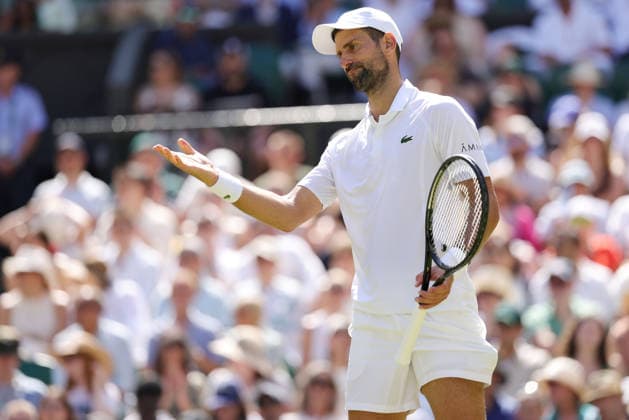 Novak Djokovic, SRB, during fourth round of 2026 All England Lawn Tennis Championships at Wimbledon, mens singles, London, 05 07 2026; - *** Novak Djokovic (SRB) during the fourth round of the 2026 All England Lawn Tennis Championships at Wimbledon, men s singles, London, July 5, 2026 