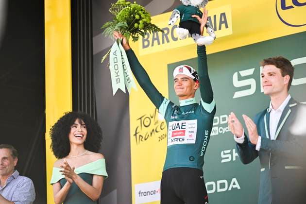 Tour de France 2026 Stage 2 BARCELONA, SPAIN - JULY 05 : Del Toro Isaac (MEX) of UAE Team Emirates XRG on the podium during stage 2 of the 113rd edition of Tour de France an UCI World Tour 2.UWT cycling road race stage for Men Elite of 182 km with start in Tarragona and finish in Barcelona on July 5, 2026 in Barcelona, Spain, 05 07 2026 ( Motordriver Kurt Vandenborre - Barcelona Spain  Copyright: xSzymonxGruchalskix