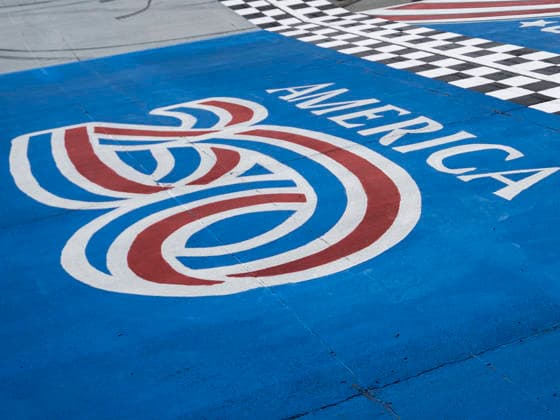 JOLIET, IL - JULY 05: The America 250 logo is painted on the finish line before the NASCAR, Motorsport, USA Cup Series eero 400 on July 5, 2026, at Chicagoland Speedway in Joliet, IL. (Photo by Joseph Weiser Icon Sportswire) AUTO: JUL 05 NASCAR Cup Series eero 400 EDITORIAL USE ONLY Icon260705006400