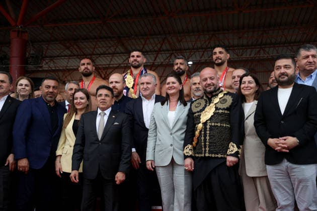 Erkan Tas wins chief wrestler title at 665th Historic Kirkpinar Oil Wrestling Festival EDIRNE, TURKIYE - JULY 5: Osman Askin Bak, Minister of Youth and Sports, and Bilal Erdogan, President of the World Ethnosport Federation attend medal ceremony after the 665th Historic Kirkpinar Oil Wrestling Festival at the Sarayici Er Meydani wrestling grounds in Edirne, Turkiye, on July 5, 2026. Ozgun Tiran Anadolu Edirne Turkey. Editorial use only. Please get in touch for any other usage.  Copyright: x2026xAnadoluxOzgunxTiranx