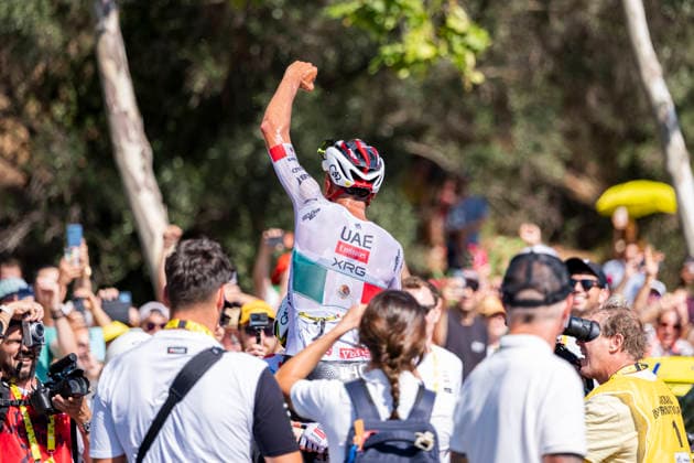 113th Tour de France 2026 - Stage 2 BARCELONA, SPAIN - JULY 5: Stage winner, Isaac Del Toro of Mexico and Tadej Pogacar of Slovenia and UAE Team Emirates - XRG - Polka dot Mountain Jersey react after the 113th Tour de France 2026, Stage 2 a 168.5km stage from Tarragona to Barcelona 109m UCIWT on July 05, 2026 in Barcelona, Spain. Barcelona Spain Copyright: xAlbertoxGardinx AGardin_20260705_Cycling_Tour de France_Stage 2__0003