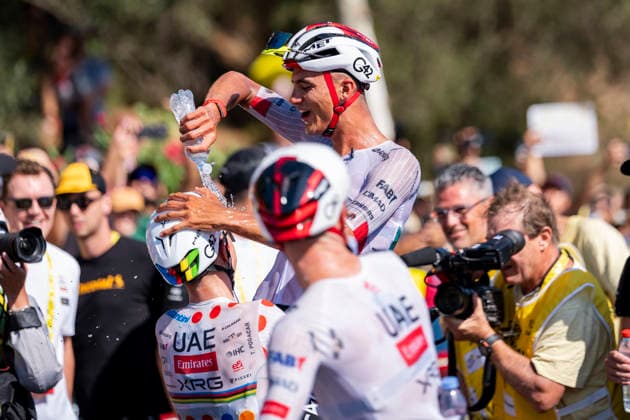 113th Tour de France 2026 - Stage 2 BARCELONA, SPAIN - JULY 5: Stage winner, Isaac Del Toro of Mexico and Tadej Pogacar of Slovenia and UAE Team Emirates - XRG - Polka dot Mountain Jersey react after the 113th Tour de France 2026, Stage 2 a 168.5km stage from Tarragona to Barcelona 109m UCIWT on July 05, 2026 in Barcelona, Spain. Barcelona Spain Copyright: xAlbertoxGardinx AGardin_20260705_Cycling_Tour de France_Stage 2__0008