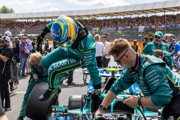 RECORD DATE NOT STATED 5th July 2026; Silverstone Circuit, Northamptonshire, England; FIA Formula 1 2026 British F1 Grand Prix; Race Day; Aston Martin Aramco F1 Team driver Fernando Alonso jumps from his car TimxWilliams
