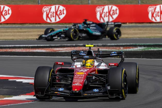 RECORD DATE NOT STATED 5th July 2026; Silverstone Circuit, Northamptonshire, England; FIA Formula 1 2026 British F1 Grand Prix; Race Day; Lewis Hamilton in his Scuderia Ferrari HP Ferrari SF-26 Ferrari 067 6 ahead of George Russell in his Mercedes-AMG Petronas F1 Team Mercedes F1 W17 Mercedes-AMG F1 M17 TimxWilliams