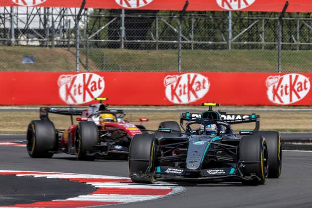 RECORD DATE NOT STATED 5th July 2026; Silverstone Circuit, Northamptonshire, England; FIA Formula 1 2026 British F1 Grand Prix; Race Day; Kimi Antonelli in his Mercedes-AMG Petronas F1 Team Mercedes F1 W17 Mercedes-AMG F1 M17 ahead od Lewis Hamilton in his Scuderia Ferrari HP Ferrari SF-26 Ferrari 067 6 TimxWilliams
