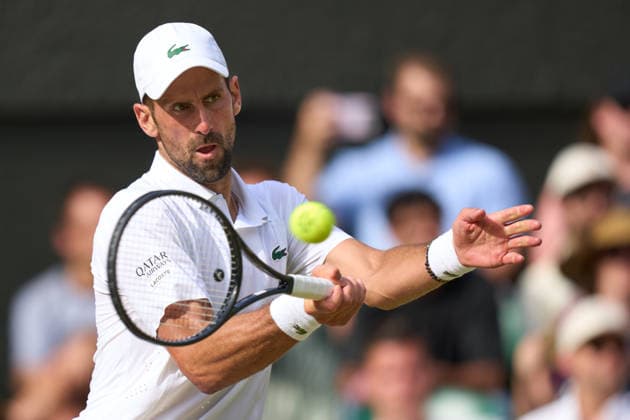 2026 Wimbledon, July 05, Day 7 LONDON, - JULY 5: Novak Djokovic of Serbia plays a shot on Centre court against Roman Safiullin in the fourth round during the 2026 Wimbledon, July 05, Day 7 at The all England club, Wimbledon on July 5, 2026 in London,GBR. London The all England club, Wimbledon GBR Copyright: xPeterxvanxdenxBerg ISIxPhotosx 9462