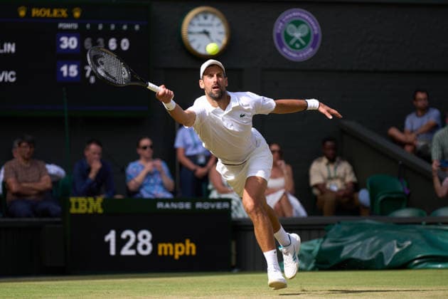 2026 Wimbledon, July 05, Day 7 LONDON, - JULY 5: Novak Djokovic of Serbia plays a shot on Centre court against Roman Safiullin in the fourth round during the 2026 Wimbledon, July 05, Day 7 at The all England club, Wimbledon on July 5, 2026 in London,GBR. London The all England club, Wimbledon GBR Copyright: xPeterxvanxdenxBerg ISIxPhotosx 9462