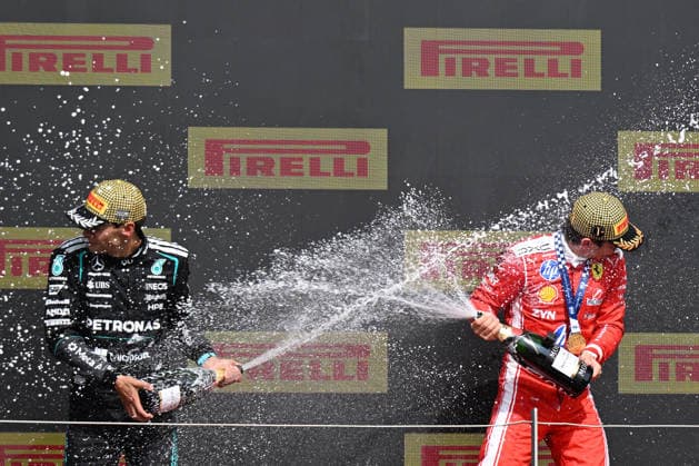 RECORD DATE NOT STATED 5th July 2026; Silverstone Circuit, Northamptonshire, England; FIA Formula 1 2026 British F1 Grand Prix; Race Day; George Russell of Mercedes and Charles Leclerc of Ferrari spray champagne SimonxWest