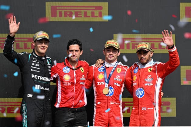 RECORD DATE NOT STATED 5th July 2026; Silverstone Circuit, Northamptonshire, England; FIA Formula 1 2026 British F1 Grand Prix; Race Day; Lewis Hamilton, Bryan Bozzi and Charles Leclerc of Ferrari and George Russell of Mercedes on the podium SimonxWest
