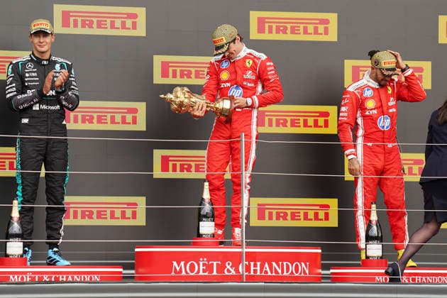 FORMULA ONE BRITISH GRAND PRIX 2026 Charles Leclerc 16 (MON) Ferrari celebrates on the podium with George Russell 63 (GBR) Mercedes and Lewis Hamilton 44 (GBR) Ferrari during the Formula 1 Pirelli British Grand Prix 2026, 9th round of the 2026 Formula 1 World Championship, WM, Weltmeisterschaft from 3rd - 5th July, 2026 at the Silverstone Circuit, Silverstone, England. Credit: Robbie Hoad Every Second Media Editorial use only. All images are copyright Every Second Media Limited. No images may be reproduced without prior permission. Copyright: xIMAGO EveryxSecondxMediax ESM-2060-0805 RobbiexHoadx xEveryxSecondxMediax