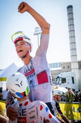 Slovenian Tadej Pogacar of UAE Team Emirates XRG and Mexican Isaac Del Toro of UAE Team Emirates XRG celebrate after winning the second stage of the 2026 Tour de France cycling race, a stage of 182km from Tarragona to Barcelona, Sunday 05 July 2026. The 113th edition of the Tour de France starts on Saturday 4 July in Barcelona, Spain, and will finish in Paris, France on the 26th of July. JASPERxJACOBS  x180443550x