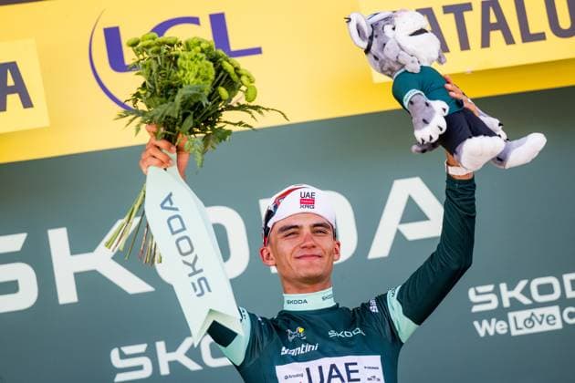 Mexican Isaac Del Toro of UAE Team Emirates XRG celebrates on the podium after the second stage of the 2026 Tour de France cycling race, a stage of 182km from Tarragona to Barcelona, Sunday 05 July 2026. The 113th edition of the Tour de France starts on Saturday 4 July in Barcelona, Spain, and will finish in Paris, France on the 26th of July. JASPERxJACOBS  x180443562x