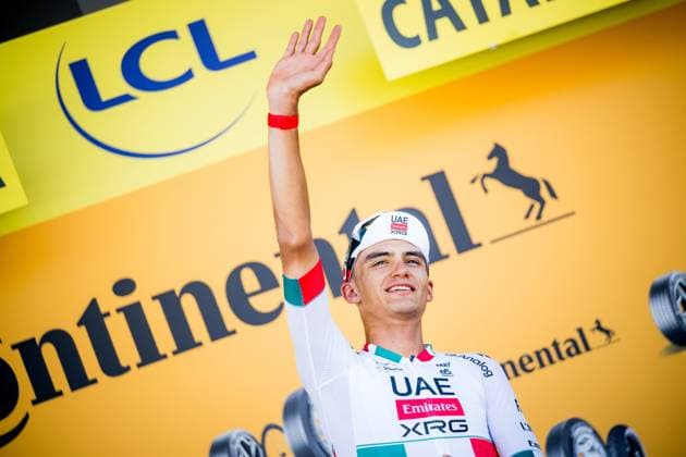 Mexican Isaac Del Toro of UAE Team Emirates XRG celebrates on the podium after the second stage of the 2026 Tour de France cycling race, a stage of 182km from Tarragona to Barcelona, Sunday 05 July 2026. The 113th edition of the Tour de France starts on Saturday 4 July in Barcelona, Spain, and will finish in Paris, France on the 26th of July. JASPERxJACOBS  x180443563x