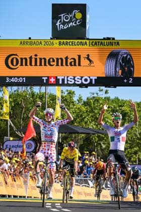 Slovenian Tadej Pogacar of UAE Team Emirates XRG and Mexican Isaac Del Toro of UAE Team Emirates XRG celebrates as they crosses the finish line to win the second stage of the 2026 Tour de France cycling race, a stage of 182km from Tarragona to Barcelona, Sunday 05 July 2026. The 113th edition of the Tour de France starts on Saturday 4 July in Barcelona, Spain, and will finish in Paris, France on the 26th of July. DAVIDxPINTENS  x180443974x