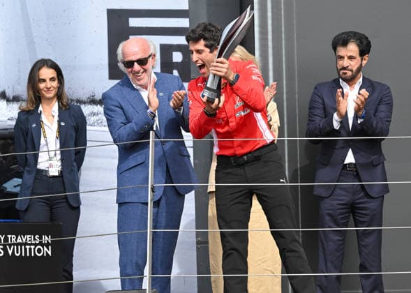 Formula 1, Podium, Silverstone, UK, 05 July, 2026. 05 July 2026. On the winners podium with 1st Charles Leclerc, Ferrari, 2nd, George Russell, Mercedes, 3rd Lewis Hamilton, Ferrari at the Formula 1 Pirelli British Grand Prix at Silverstone, Northamptonshire, UK., Credit:Lee Floyd Lee Floyd - B3214 Avalon UK, Northamptonshire, London, Silverstone  Copyright: xLeexFloydx xLeexFloydx-xB3214x xAvalonx 1114632340