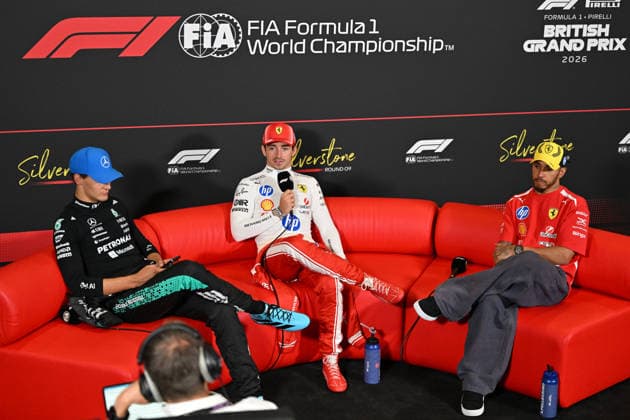 Formula 1, Post Race Press Conf, Silverstone, UK, 05 July, 2026. 05 July 2026. Post Race Drivers press conference, PK, Pressekonferenz with 1st Charles Leclerc, Ferrari, 2nd, George Russell, Mercedes, 3rd Lewis Hamilton, Ferrari at the Formula 1 Pirelli British Grand Prix at Silverstone, Northamptonshire, UK., Credit:Lee Floyd Lee Floyd - B3214 Avalon UK, Northamptonshire, London, Silverstone  Copyright: xLeexFloydx xLeexFloydx-xB3214x xAvalonx 1114635234