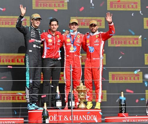 Formula 1, Podium, Silverstone, UK, 05 July, 2026. 05 July 2026. On the winners podium with 1st Charles Leclerc, Ferrari, 2nd, George Russell, Mercedes, 3rd Lewis Hamilton, Ferrari at the Formula 1 Pirelli British Grand Prix at Silverstone, Northamptonshire, UK., Credit:Lee Floyd Lee Floyd - B3214 Avalon UK, Northamptonshire, London, Silverstone  Copyright: xLeexFloydx xLeexFloydx-xB3214x xAvalonx 1114632499