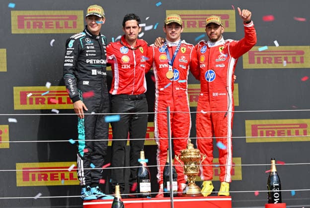 Formula 1, Podium, Silverstone, UK, 05 July, 2026. 05 July 2026. On the winners podium with 1st Charles Leclerc, Ferrari, 2nd, George Russell, Mercedes, 3rd Lewis Hamilton, Ferrari at the Formula 1 Pirelli British Grand Prix at Silverstone, Northamptonshire, UK., Credit:Lee Floyd Lee Floyd - B3214 Avalon UK, Northamptonshire, London, Silverstone  Copyright: xLeexFloydx xLeexFloydx-xB3214x xAvalonx 1114632620
