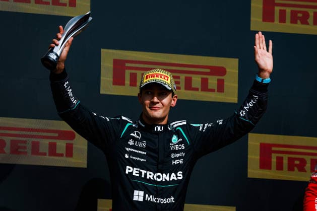 F1 - BRITISH GRAND PRIX 2026 RUSSELL George (gbr), Mercedes AMG F1 Team W17, portrait Podium during the Formula 1 British Grand Prix 2026, 9th round of the 2026 Formula One World Championship, WM, Weltmeisterschaft from July 3 to 5, 2026 on the Silverstone Circuit, in Silverstone, United Kingdom - SilverstoneUnited Kingdom  Copyright: xFLORENTxGOODENx