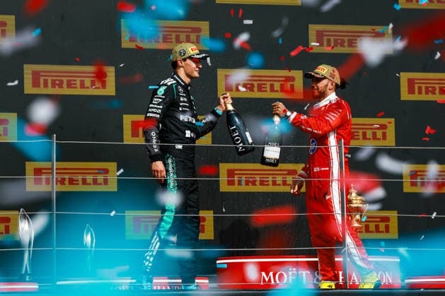 F1 - BRITISH GRAND PRIX 2026 RUSSELL George (gbr), Mercedes AMG F1 Team W17, HAMILTON Lewis (gbr), Scuderia Ferrari SF-26, portrait Podium during the Formula 1 British Grand Prix 2026, 9th round of the 2026 Formula One World Championship, WM, Weltmeisterschaft from July 3 to 5, 2026 on the Silverstone Circuit, in Silverstone, United Kingdom - SilverstoneUnited Kingdom  Copyright: xFLORENTxGOODENx