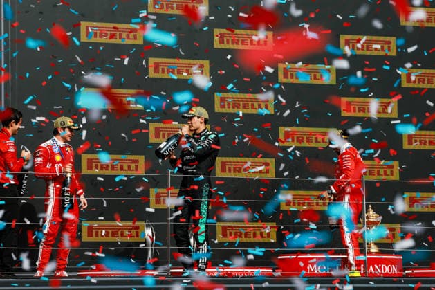 F1 - BRITISH GRAND PRIX 2026 LECLERC Charles (mco), Scuderia Ferrari SF-26, RUSSELL George (gbr), Mercedes AMG F1 Team W17, HAMILTON Lewis (gbr), Scuderia Ferrari SF-26, portrait Podium during the Formula 1 British Grand Prix 2026, 9th round of the 2026 Formula One World Championship, WM, Weltmeisterschaft from July 3 to 5, 2026 on the Silverstone Circuit, in Silverstone, United Kingdom - SilverstoneUnited Kingdom  Copyright: xFLORENTxGOODENx