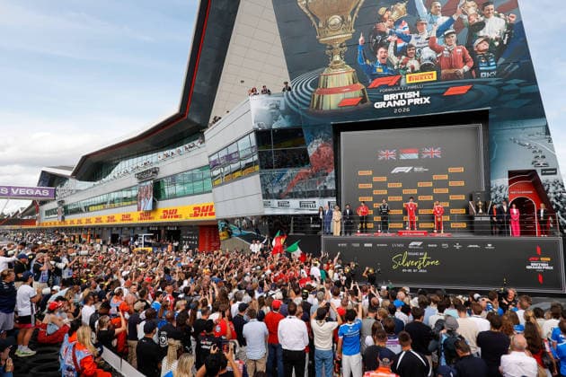 F1 - BRITISH GRAND PRIX 2026 RUSSELL George (gbr), Mercedes AMG F1 Team W17, portrait, LECLERC Charles (mco), Scuderia Ferrari SF-26, portrait, HAMILTON Lewis (gbr), Scuderia Ferrari SF-26, portrait, team representative, Scuderia Ferrari, Podium celebration during the Formula 1 British Grand Prix 2026, 9th round of the 2026 Formula One World Championship, WM, Weltmeisterschaft from July 3 to 5, 2026 on the Silverstone Circuit, in Silverstone, United Kingdom - SilverstoneUnited Kingdom  Copyright: xPauloxMariax