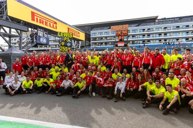 RECORD DATE NOT STATED 5th July 2026; Silverstone Circuit, Northamptonshire, England; FIA Formula 1 2026 British F1 Grand Prix; Race Day; The Ferrari team celebrate the win by driver Charles Leclerc TimxWilliams