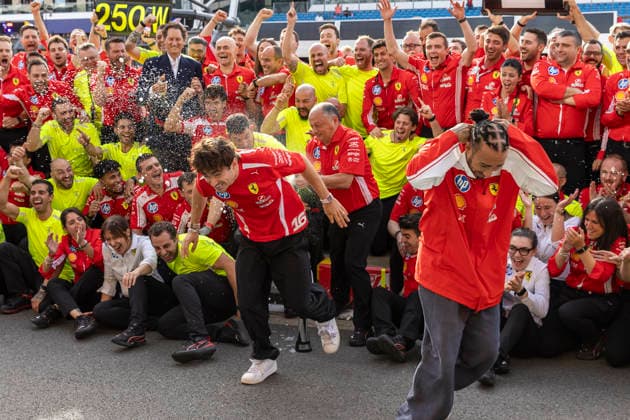 RECORD DATE NOT STATED 5th July 2026; Silverstone Circuit, Northamptonshire, England; FIA Formula 1 2026 British F1 Grand Prix; Race Day; Ferrari Team Principal Fred Vasseur sprays champagne over Scuderia Ferrari HP driver Charles Leclerc TimxWilliams