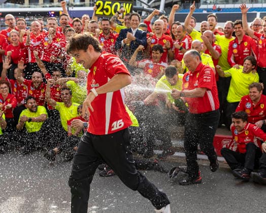 RECORD DATE NOT STATED 5th July 2026; Silverstone Circuit, Northamptonshire, England; FIA Formula 1 2026 British F1 Grand Prix; Race Day; Ferrari Team Principal Fred Vasseur sprays champagne over Scuderia Ferrari HP driver Charles Leclerc TimxWilliams