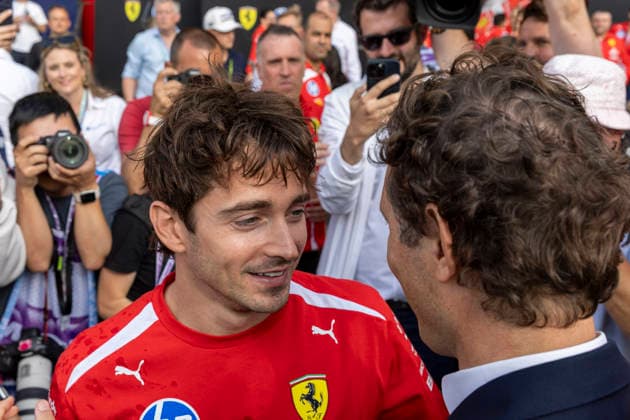 RECORD DATE NOT STATED 5th July 2026; Silverstone Circuit, Northamptonshire, England; FIA Formula 1 2026 British F1 Grand Prix; Race Day; Scuderia Ferrari HP driver Charles Leclerc is congratulated by Ferrari Chairman John Elkann TimxWilliams