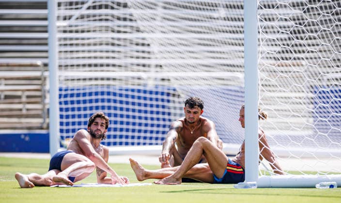 Spain national team, Nationalteam World Cup 05 07 2026 Ferran Torres of Spain (L) Marc Pubill of Spain (C) and Marcos Llorente of Spain (R) during the Spanish national team s training session at Cotton Bowl in Dallas, United States of America on July 05, 2026. Photo (PGS Photo Agency) Chattanooga usa Copyright: xPGSxPhotoxAgencyx