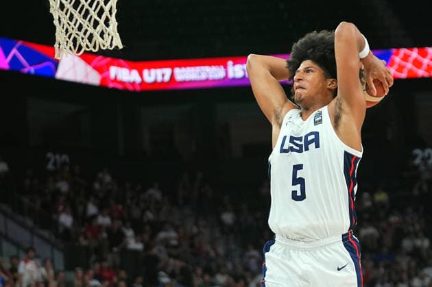 United States v Serbia - FIBA U17, U 17 Basketball World Cup ISTANBUL, TURKIYE - JULY 5: Asa Montgomery (5) of US in action during the FIBA Under-17 Basketball World Cup final game between US and Serbia at the Basketball Development Center in Istanbul, Turkiye, on July 5, 2026. Esra Bilgin Anadolu Istanbul Turkey. Editorial use only. Please get in touch for any other usage.  Copyright: x2026xAnadoluxEsraxBilginx
