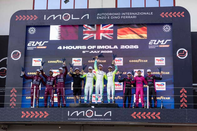 AUTOMOBILE : ELMS - 4 heures de Imola - 05 07 2026 Podium for the LM GT3 class of the 4 Hours of Imola, the third round of the European Le Mans Series at the Circuit Enzo e Dino Ferrari, on 5 July 2026, In Imola, Italy (ITA) First : 33 TF (GBR) Corvette Z06 LMGT3 R (LMGT3) driven by Blake McDonald (USA) Alec Udell (USA) Charlie Eastwood (IRL) Second : 62 Team Qatar by Iron Lynx (QAT) Mercedes-AMG LMGT3 (LMGT3) driven by Abdulla Ali Al-Khelaifi (QAT) Julian Hanses (GER) Maxime Martin (BEL) Third : 77 (GER) Porsche 911 GT3 R LMGT3 (LMGT3) driven by Martin Berry (SGP) Huub Van Eijndhoven (NED) Harry King (GBR) ENZO E DINO FERRARI CIRCUITItaly  Copyright: xMPSxAGENCYx