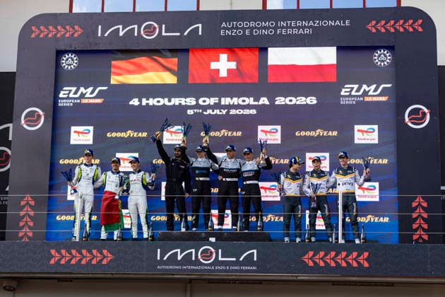 AUTOMOBILE : ELMS - 4 heures de Imola - 05 07 2026 Podium for the LMP3 class of the 4 Hours of Imola, the third round of the European Le Mans Series at the Circuit Enzo e Dino Ferrari, on 5 July 2026, In Imola, Italy (ITA) First : 17 CLX Motorsport (SUI) Ligier JS P325 Toyota (LMP3) driven by Alexander Paul Lanchere (FRA) Alexander Jacoby (BRA) Louis Iglesias (FRA) Second : 5 Rinaldi Racing (GER) Ligier JS P325 Toyota (LMP3) driven by JosÃ Fernandes Cautela (POR) Alvise Rodella (ITA) Mikkel Gaarde Pedersen (DEN) Third : 8 Team Virage (POL) Ligier JS P325 Toyota (LMP3) driven by Louis Stern (FRA) MattÃ o Quintarelli (ITA) Daniel Nogales (ESP) ENZO E DINO FERRARI CIRCUITItaly  Copyright: xMPSxAGENCYx