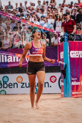 Beachvolleyball Frauen Allianz German Beach Tour 2026 Tourstop München 05.07.2026 Janne Uhl jubelt München Zentraler Hochschulsport: Beach- Bayern Deutschland *** Women s Beach Volleyball: Allianz German Beach Tour 2026, Munich Stop, July 5, 2026; Janne Uhl celebrates; Munich; Central University Sports; Beach; Bavaria; Germany